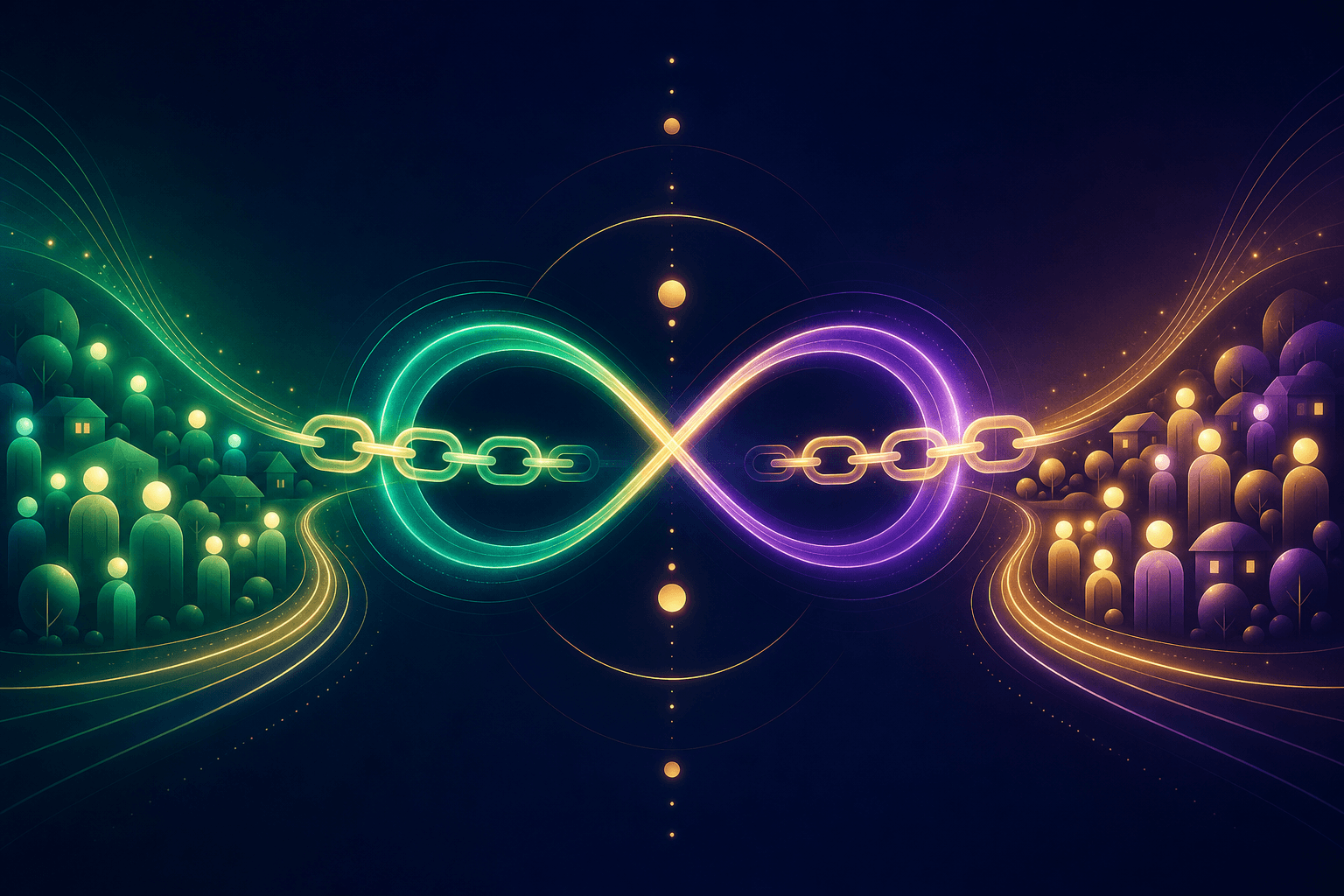 A glowing infinity bridge connecting two communities through lighted pathways.