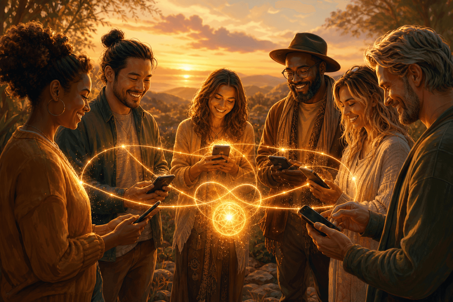 A circle of connectors holding phones as golden infinity light links them together at sunset.