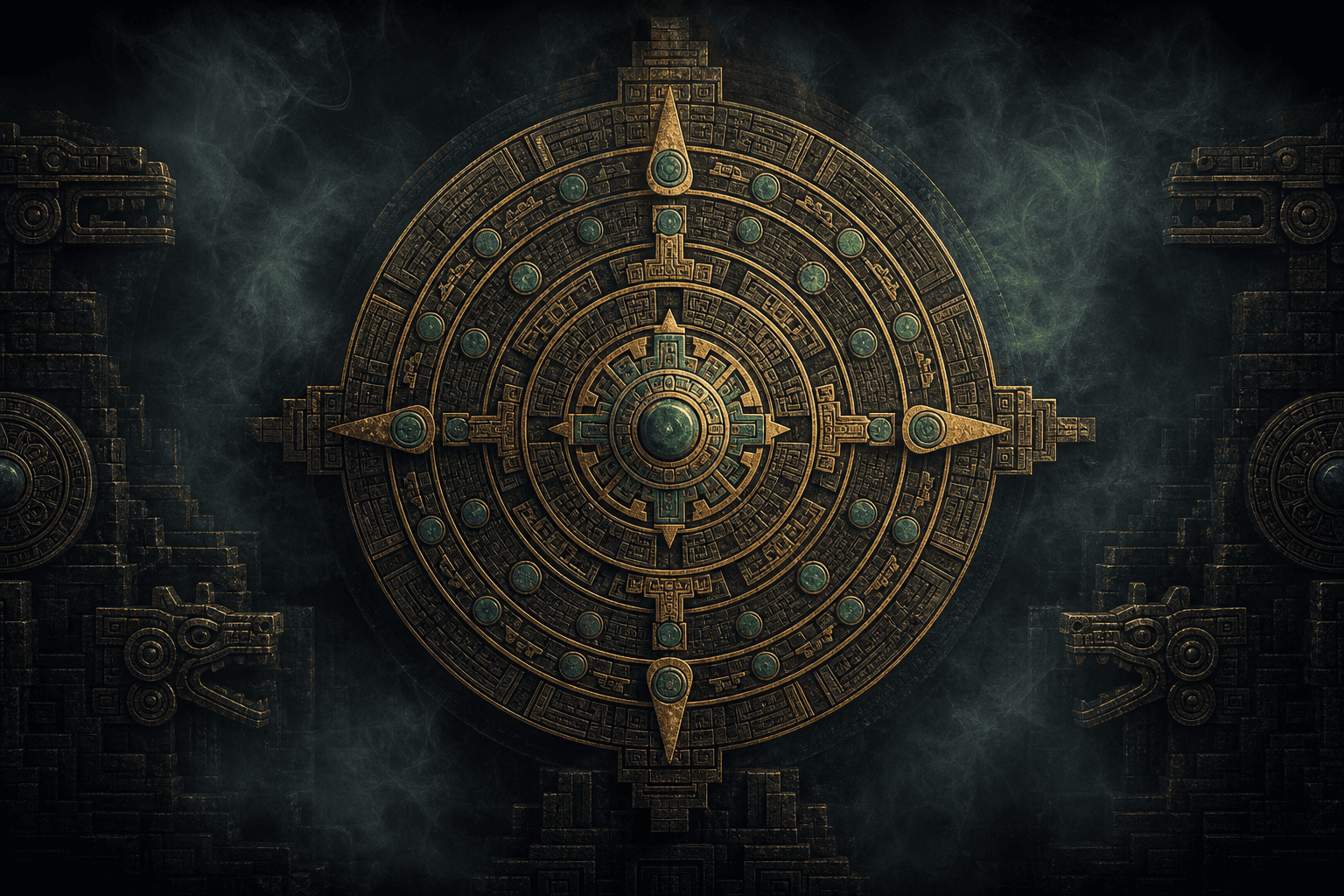 A green and gold ceremonial code wheel set into dark stone.