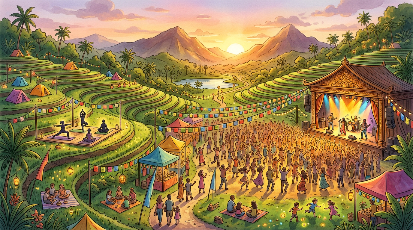 A mountain festival scene with music, movement, food stalls, and community at sunset.